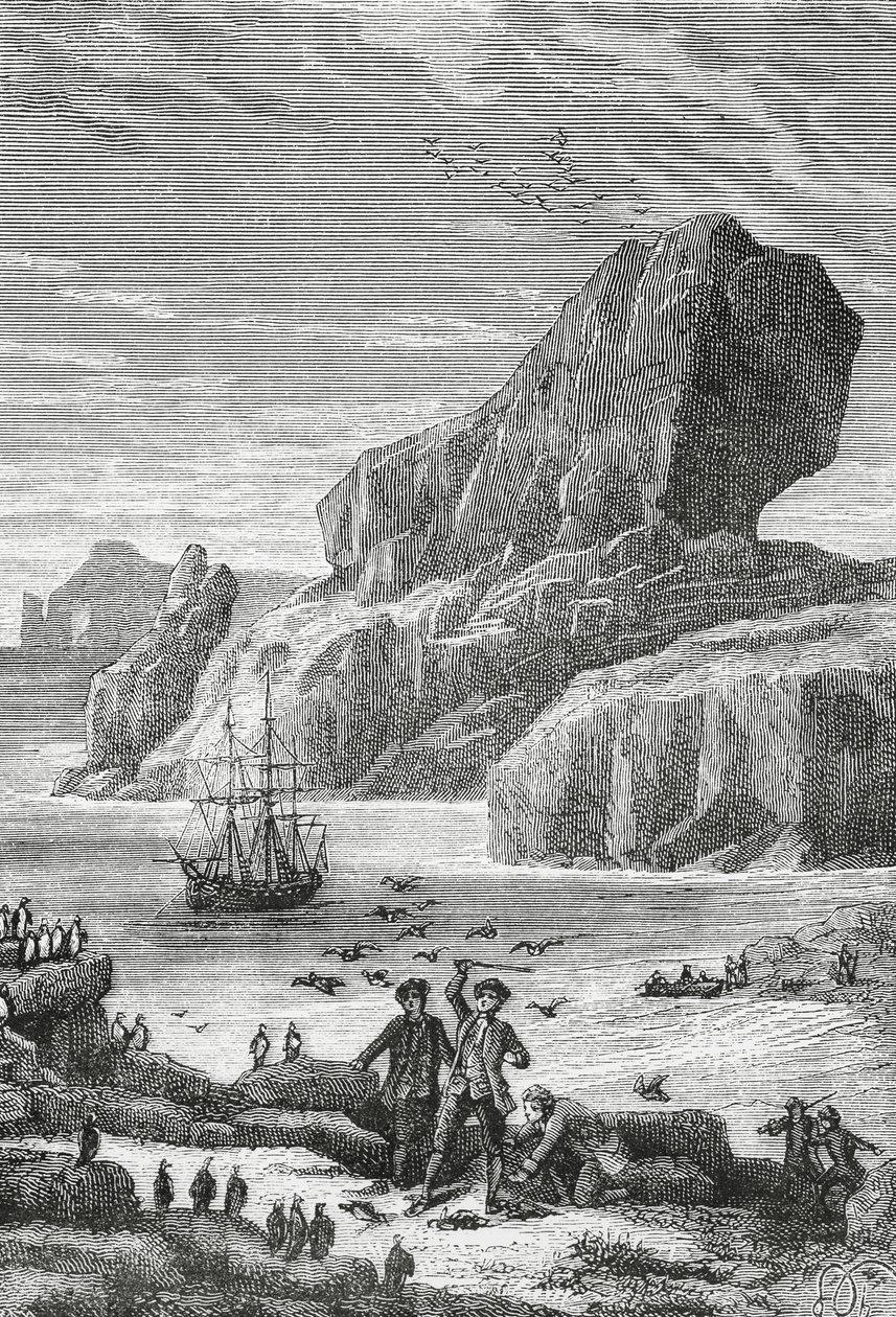 Ranskalaisen tutkimusmatkailijan Yves-Joseph de Kerguelen-Tremarecin (1734-1797) löytö Australian Ranskasta (Kerguelen-saaret), helmikuu 1772, kaiverrus, Intian valtameri, Ranskan eteläisten ja antarktisten maiden alue tekijältä J.B. and Brown J. Rowbotham