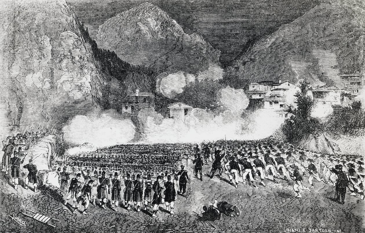Kenraali Giacomo Medicin divisioona hyökkäämässä Levico Termen kimppuun, Trentino-Alto Adige, heinäkuu 1866, kolmas vapaussota, kaiverrus, Italia tekijältä J.B. and Brown J. Rowbotham