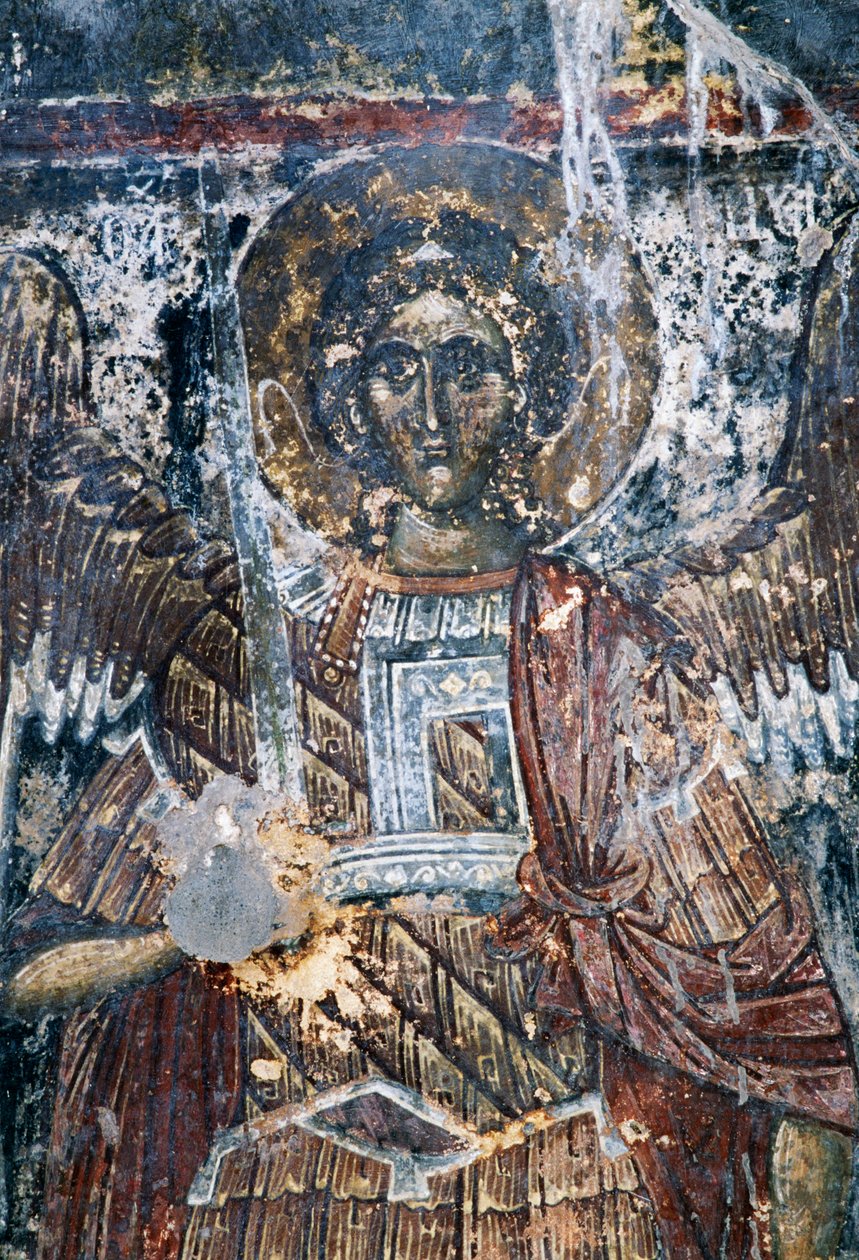 Hevonen, vaurioitunut fresko Agios Vasileiosin kirkon katossa, Vavouledo, Kreeta, Kreikka (kuva) tekijältä J.B. and Brown J. Rowbotham