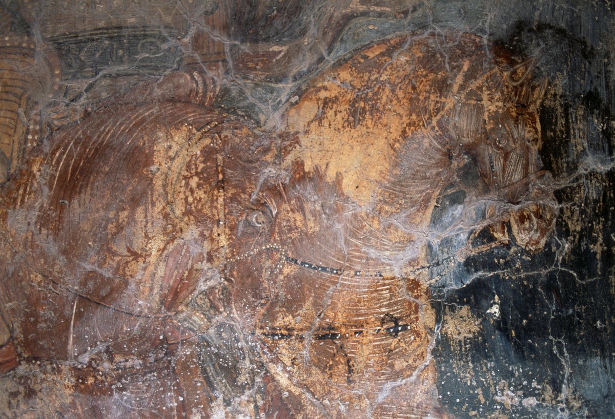 Hevonen, yksityiskohta freskosta Agios Georgioksen kirkossa, Komitades, Kreeta, Kreikka (kuva) tekijältä J.B. and Brown J. Rowbotham