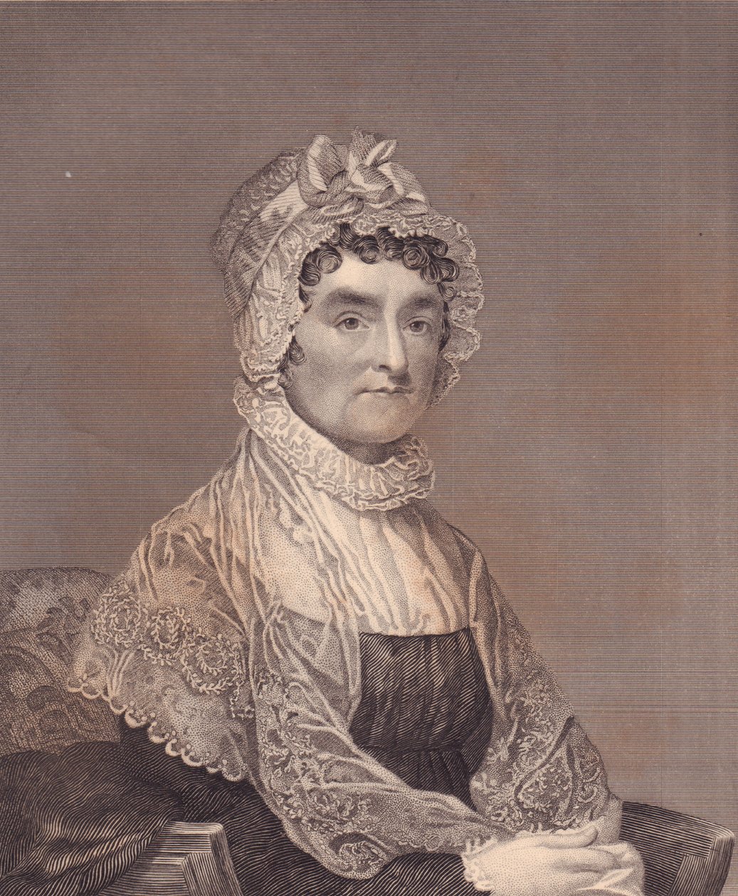 Muotokuva Abigail Adamsista (1744-1818), Yhdysvaltain presidentin John Adamsin vaimosta, G Stuartin ja F E Jonesin kaiverrus tekijältä J.B. and Brown J. Rowbotham