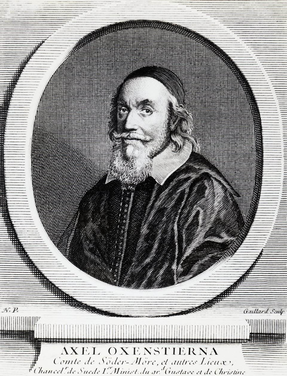 Ruotsin kuningaskunnan kanslerin Axel Oxenstierna Gustafssonin (1583-1654) muotokuva, kaiverrus tekijältä J.B. and Brown J. Rowbotham