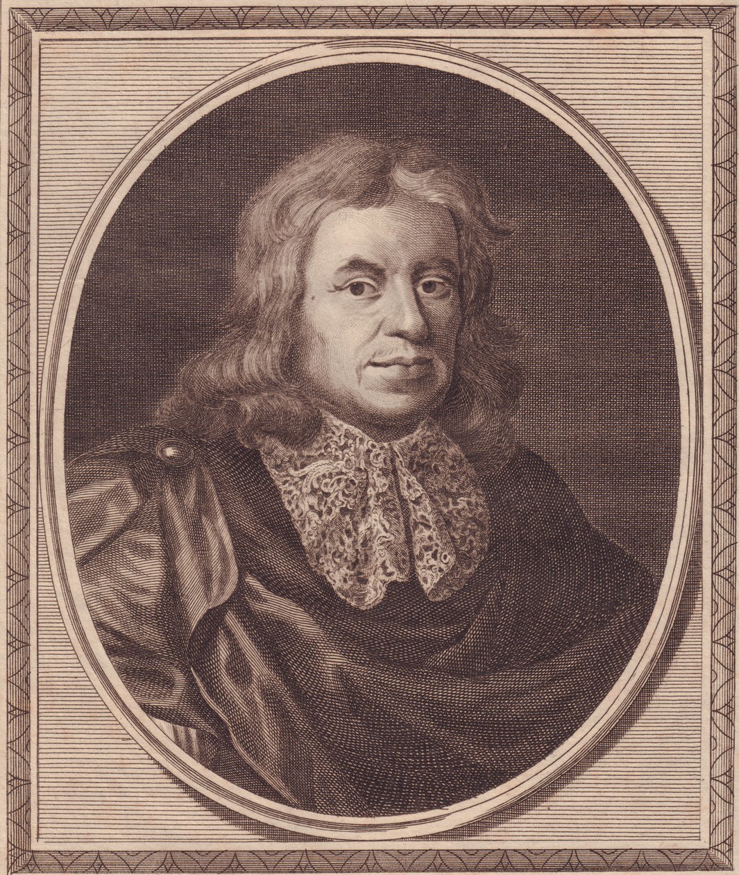 Englannin lääkärin Thomas Sydenhamin (1624-1689) muotokuva, John Goldarin (1729-1795) kuparikaiverrus P Lelyn maalauksesta tekijältä J.B. and Brown J. Rowbotham