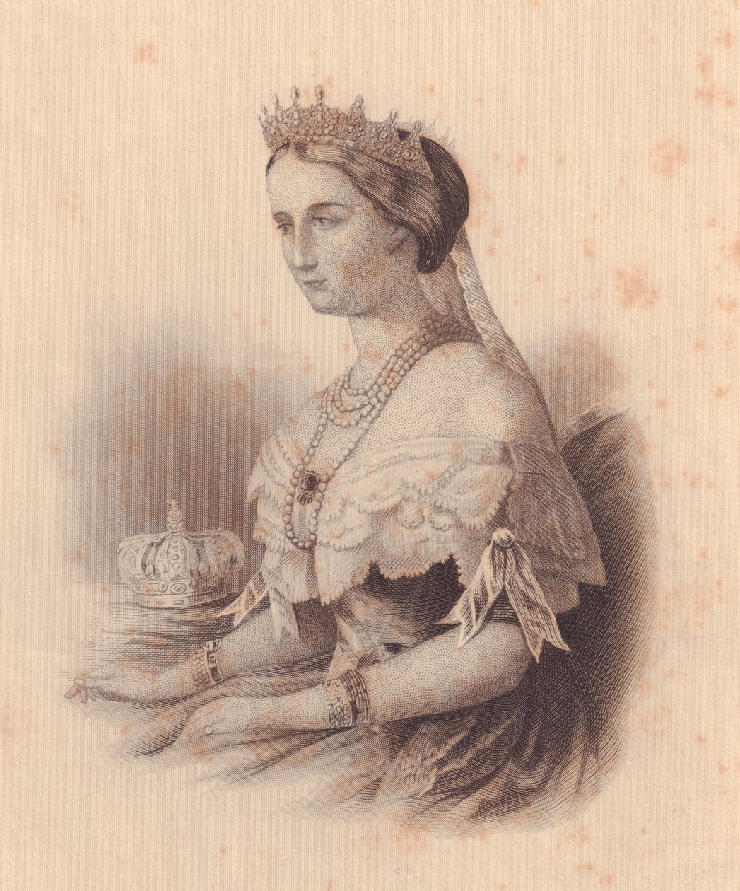 Muotokuva Eugenia de Montijo de Guzmanista (1826-1920), Ranskan keisarinna, Napoleon III Bonaparten vaimo, kaiverrus W Wellstood, naisten varastosta, Yhdysvalloista, noin 1870 tekijältä J.B. and Brown J. Rowbotham
