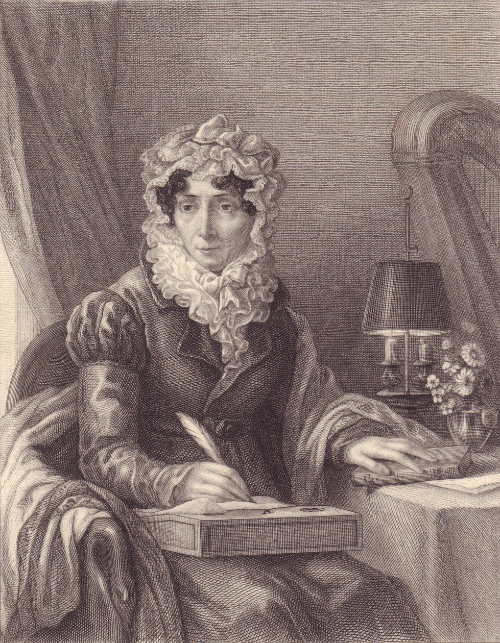 Muotokuva ranskalaisesta kirjailijasta Stephanie-Felicite Ducrest de Saint Aubin, Madame de Genlis (1746-1830), kaiverrus tekijältä J.B. and Brown J. Rowbotham