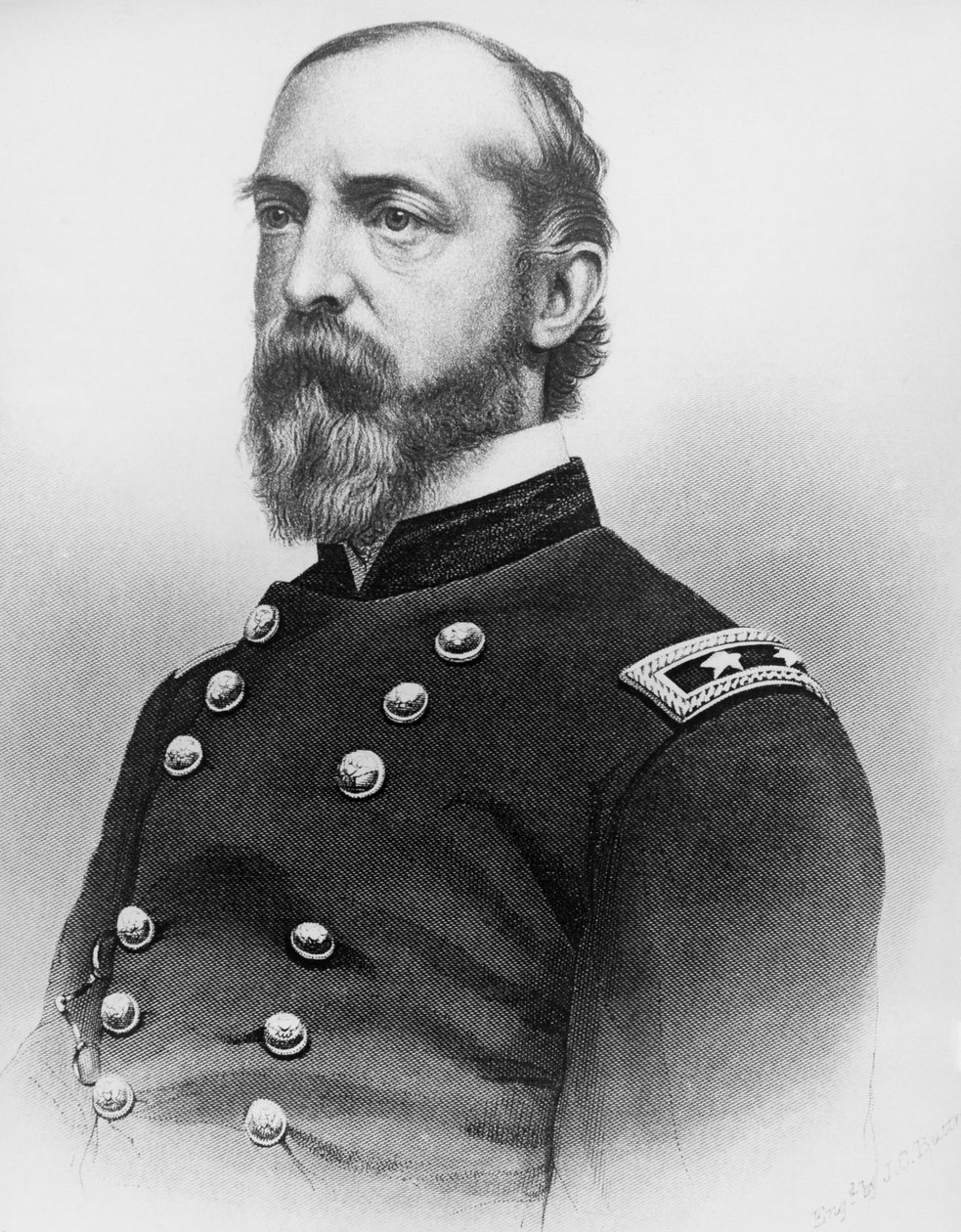 Muotokuva George Gordon Meadesta (1815-1872), Yhdysvaltain armeijan kenraalista ja rakennusinsinööristä, joka näytteli ratkaisevaa roolia Yhdysvaltain sisällissodassa kukistamalla konfederaation armeijan Gettysburgissa, kaiverrus valokuvan jälkeen tekijältä J.B. and Brown J. Rowbotham