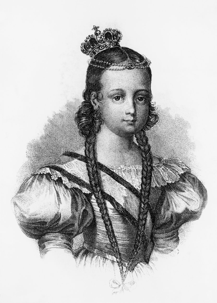 Muotokuva Isabel II:sta (1830-1904), Espanjan kuningattaresta 1833-1868, kaiverrus tekijältä J.B. and Brown J. Rowbotham