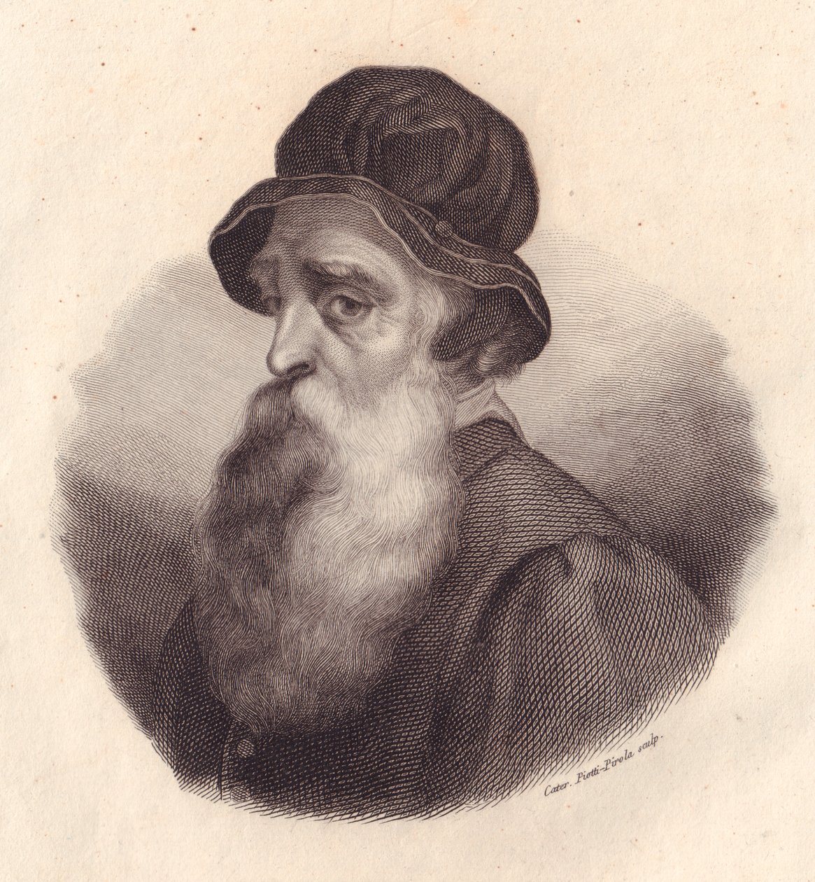 Italian kuvanveistäjä ja kultaseppä Benvenuto Cellinin (1500-1571) muotokuva, Caterina Piotti-Pirolan kuparikaiverrus Giorgio Vasarin maalauksesta tekijältä J.B. and Brown J. Rowbotham