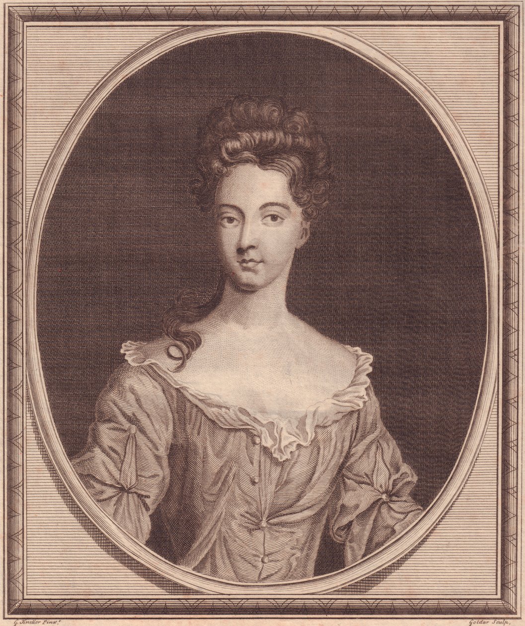 Ranelaghin kreivitär Margaret Cecilin (1672 tai 1673-1728) muotokuva, John Goldarin (1729-1795) kuparikaiverrus G Knellerin maalauksesta tekijältä J.B. and Brown J. Rowbotham