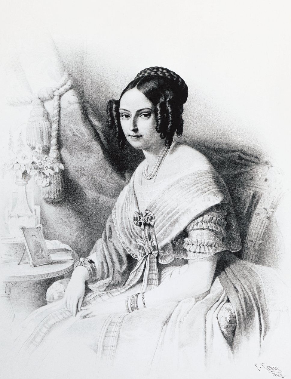 Maria Adelaiden Habsburg-Lorrainen (1822-1855), Savoijalaisen Viktor Emmanuel II:n vaimon muotokuva, kaiverrus tekijältä J.B. and Brown J. Rowbotham