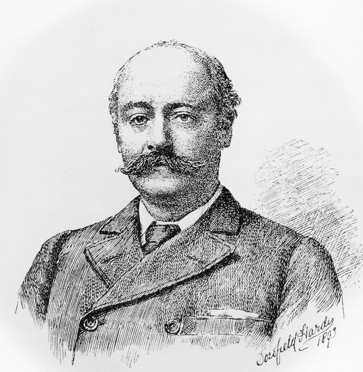Sir Charles Hubert Hastings Parryn (1848-1918), englantilaisen säveltäjän, opettajan ja musiikinhistorioitsijan muotokuva, kaiverrus Dorofield Hardyn (1853-1937) piirroksen mukaan. tekijältä J.B. and Brown J. Rowbotham