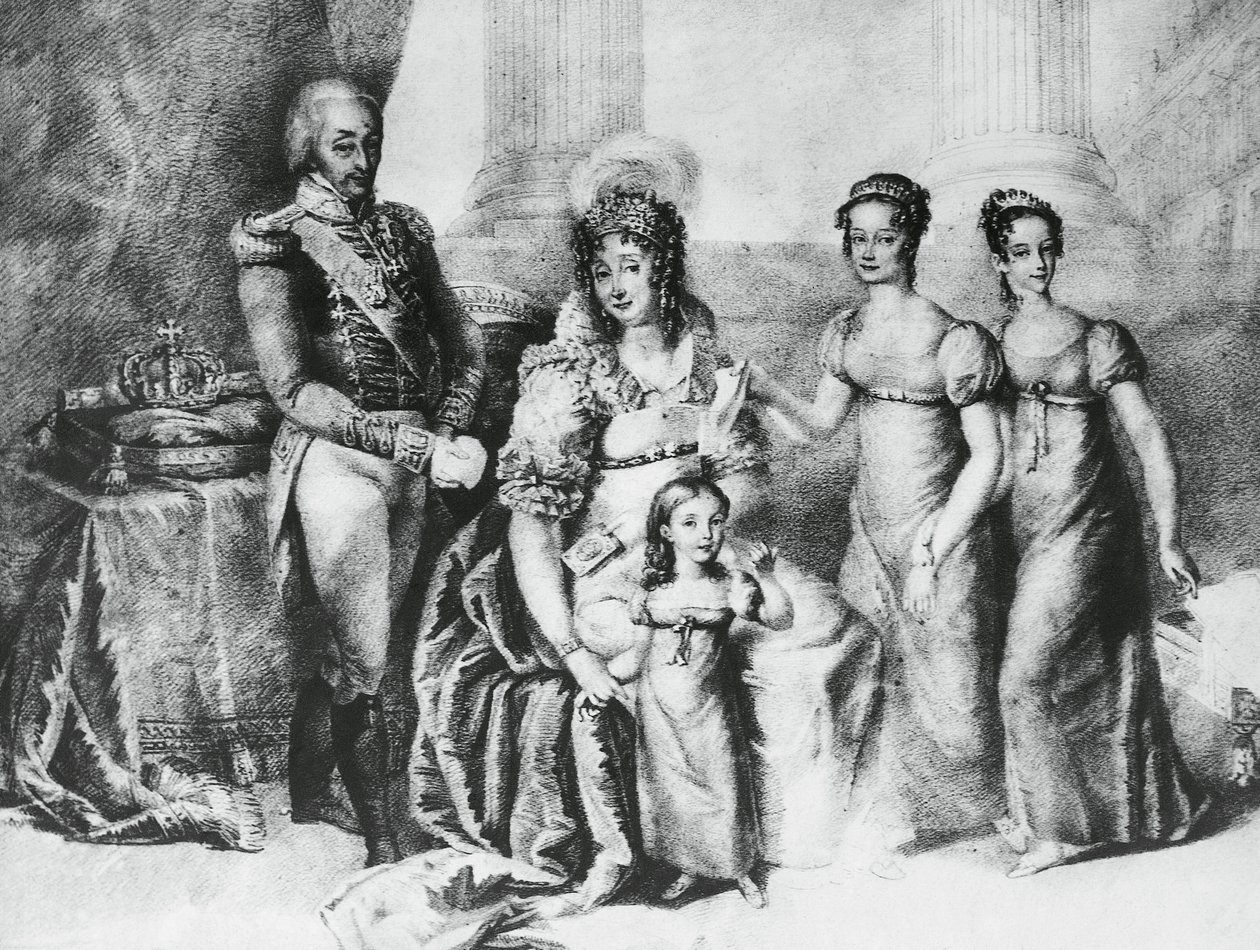 Sardinian kuninkaan ja Savoian, Piemonten ja Aostan herttua Viktor Emmanuel I:n muotokuva vaimonsa Maria Teresan Itävalta-Esteestä sekä tyttäriensä, Savoylaisen Maria Teresan (1803-1879), Savoylaisen Maria Annan ja Savoijlaisen Maria Cristinan kanssa. , ka tekijältä J.B. and Brown J. Rowbotham