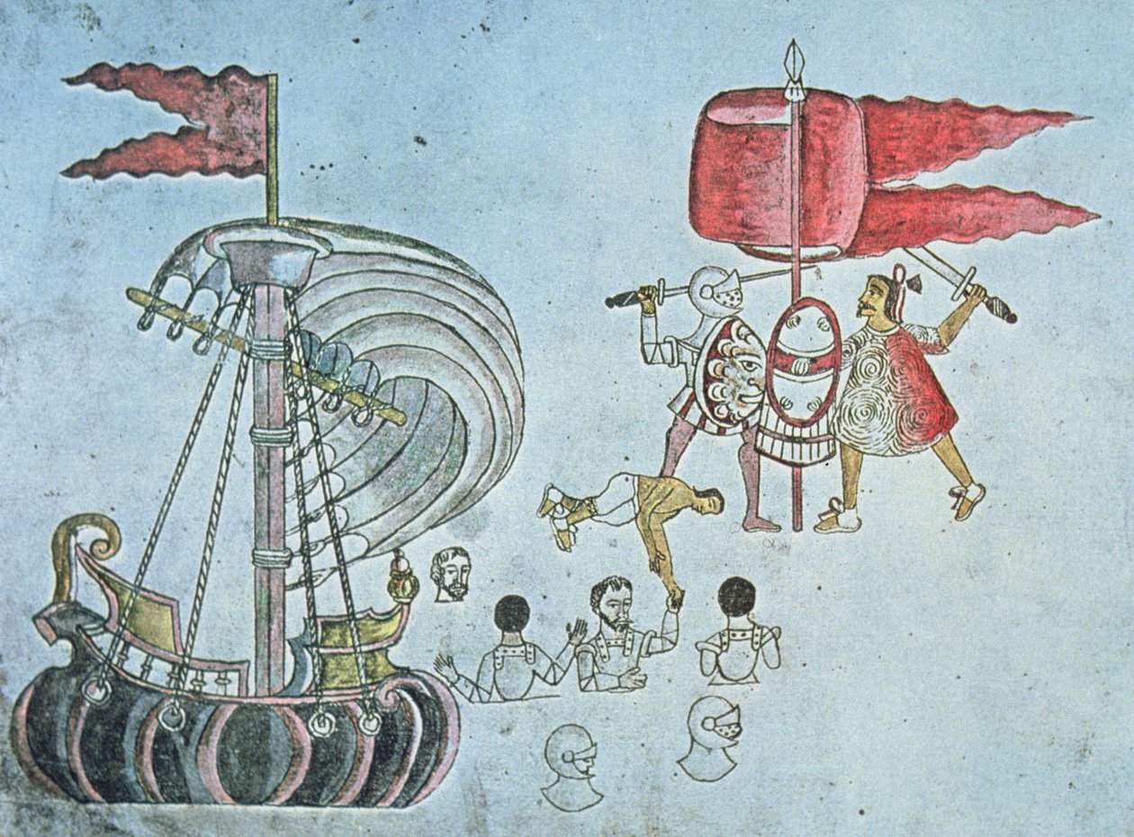 Hernan Cortesin espanjalaiset sotilaat kahlaavat maihin vuonna 1519 taistelemaan atsteekeja vastaan, kopioitu Codex Azcatitlanista, n. 1550 (väri litho) tekijältä J.B. and Brown J. Rowbotham
