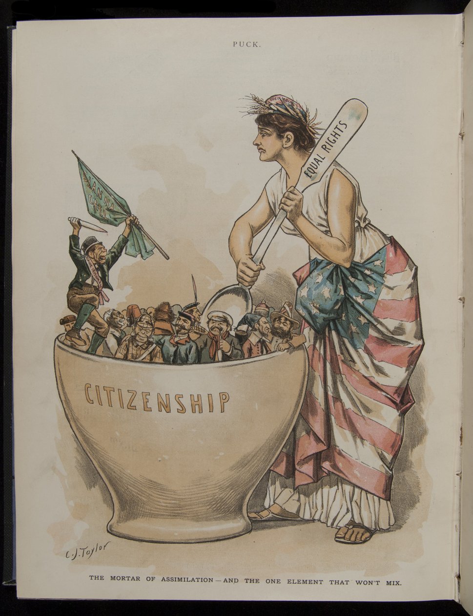 Assimilaation laasti - ja yksi elementti, joka ei sekoitu, kuvitus Puck-lehdestä, 26. kesäkuuta 1889. tekijältä C.J. Taylor
