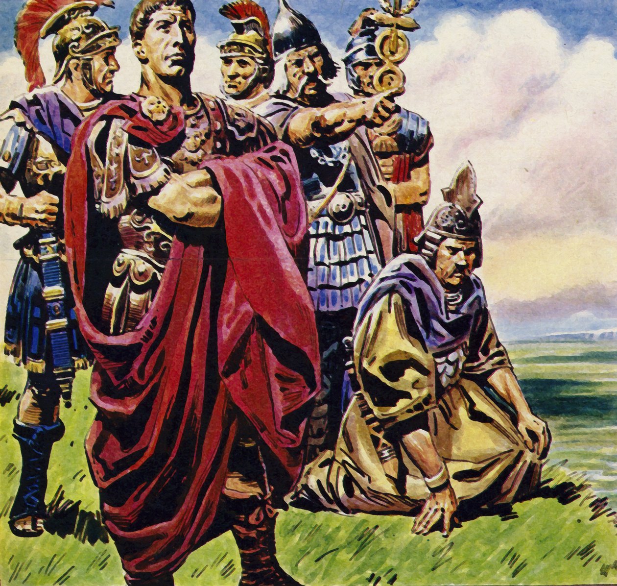 Gallian valloituksen jälkeen Julius Caesar otti tähtäimiinsä Britannian (värilitografia). tekijältä C.L. Doughty