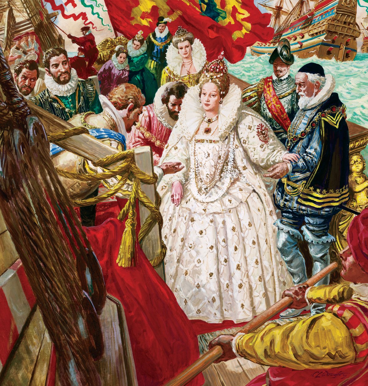 Kuningatar Elisabet I (1530-1603) astuu maihin Sir Walter Raleighin (1554-1618) avustamana (guassi paperille). tekijältä C.L. Doughty