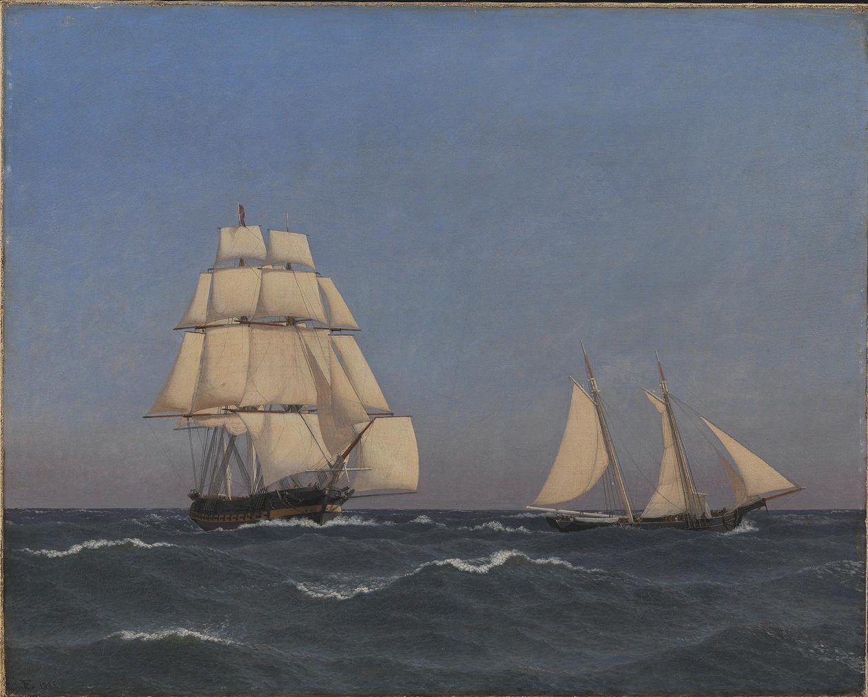 Yksityishenkilö purjehtimassa takaa-avaa fregattia tekijältä Christoffer Wilhelm Eckersberg
