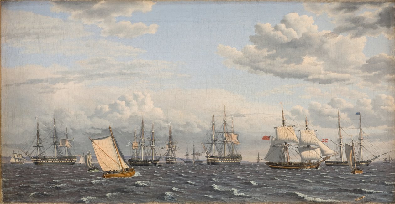 Venäjän laivasto ankkurissa lähellä Elsinorea tekijältä Christoffer Wilhelm Eckersberg