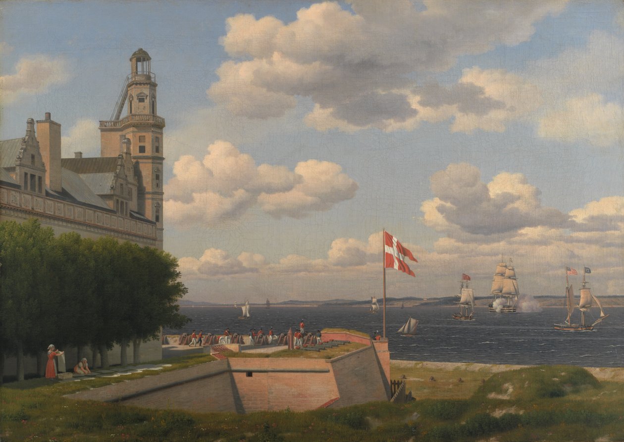 Näkymä Ruotsin rannikolle Kronborgin linnan valleilta tekijältä Christoffer Wilhelm Eckersberg