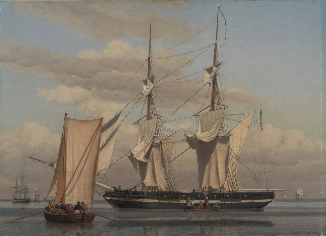 Amerikkalainen laivaston prikki makaa ankkurissa, kun hänen purjeet kuivuvat tekijältä Christoffer Wilhelm Eckersberg