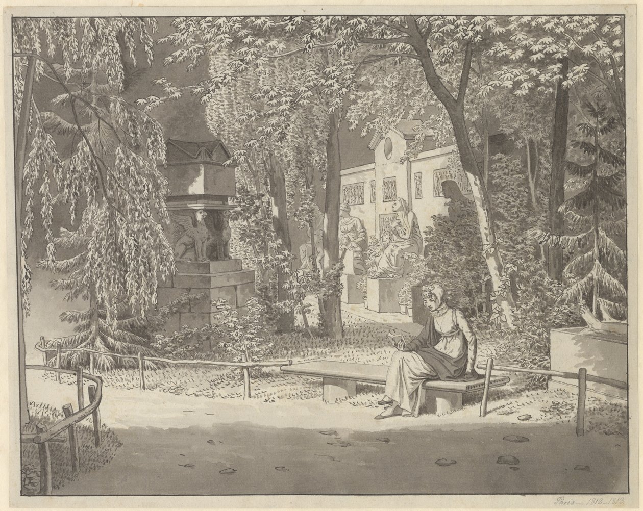 Descartesin ja Conden haudoilla Jardin Elysée des Petits Augustinsissa, Pariisissa tekijältä Christoffer Wilhelm Eckersberg