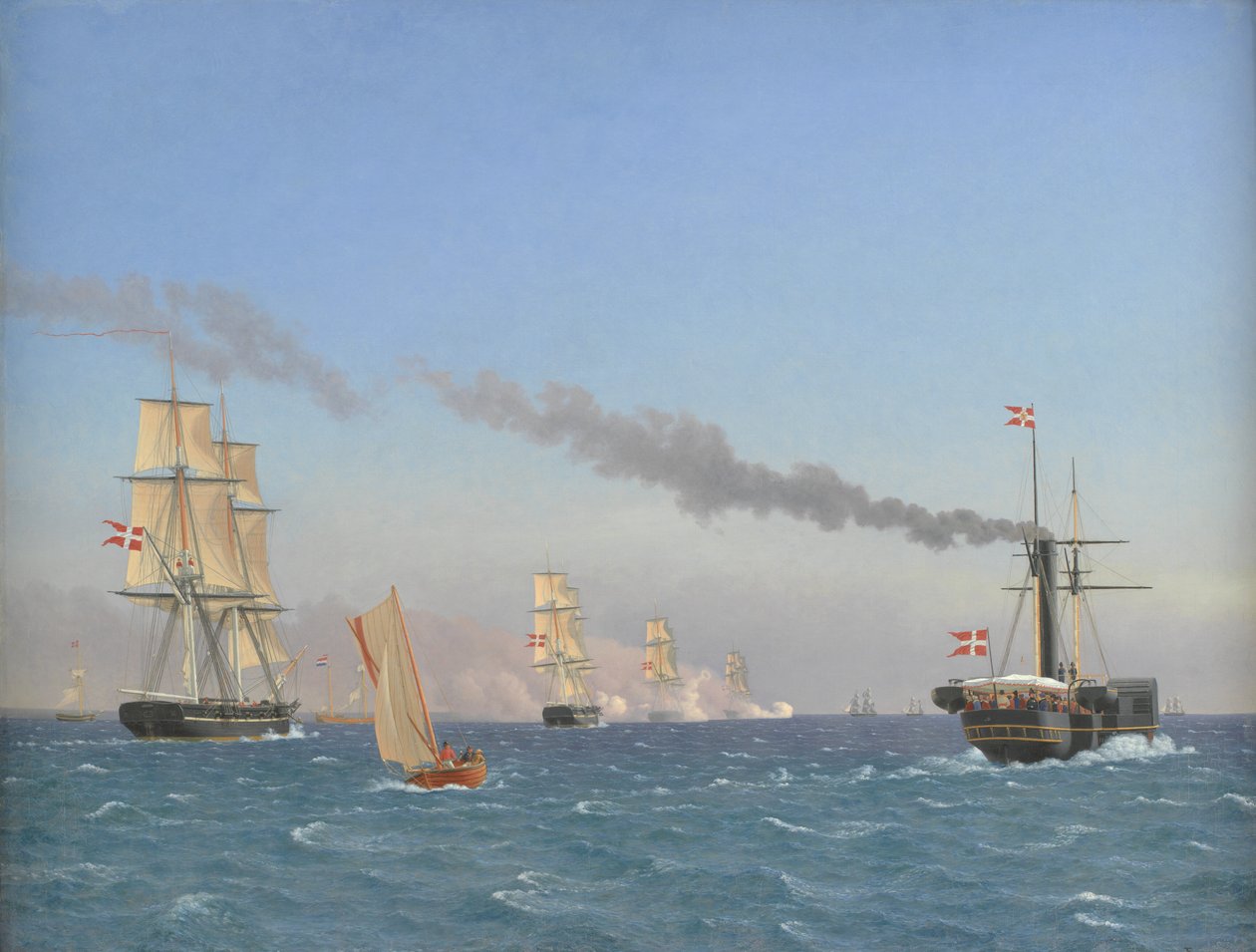 Christian VIII Höyrylaivassaan "Ægir" katsomassa lentueen liikkeitä lähellä Kööpenhaminaa tekijältä Christoffer Wilhelm Eckersberg