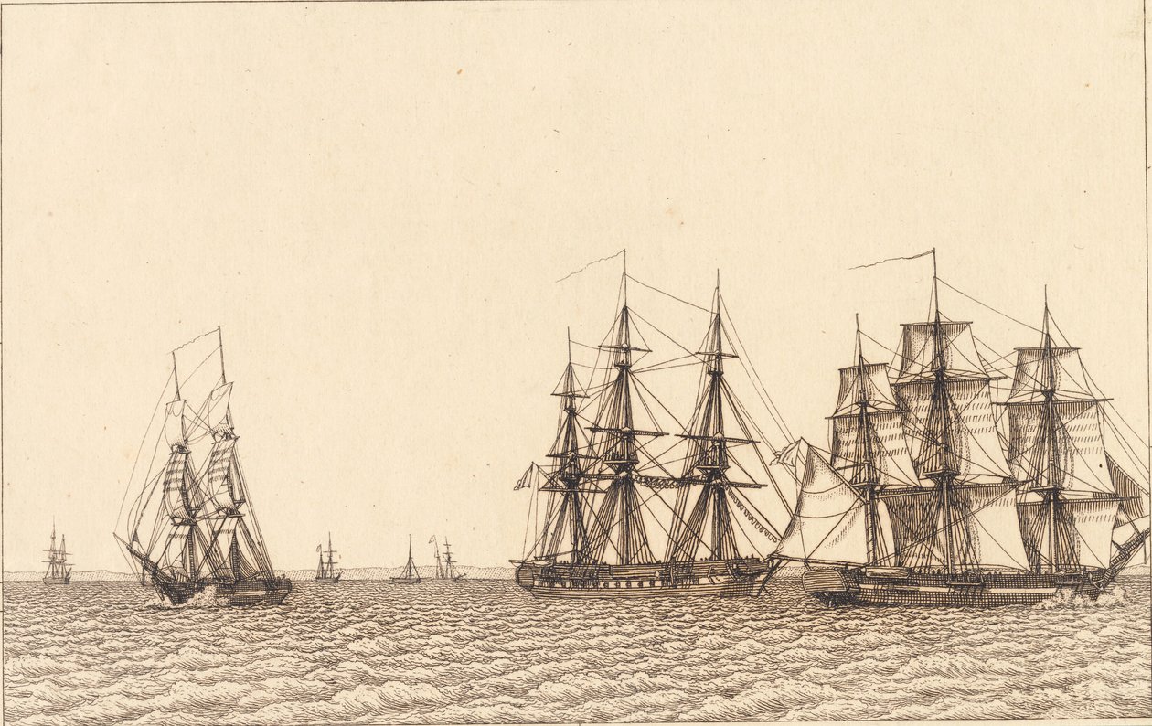 Brig purjehdus. Kuva "Lineaarinen perspektiivi", levy IXb tekijältä Christoffer Wilhelm Eckersberg
