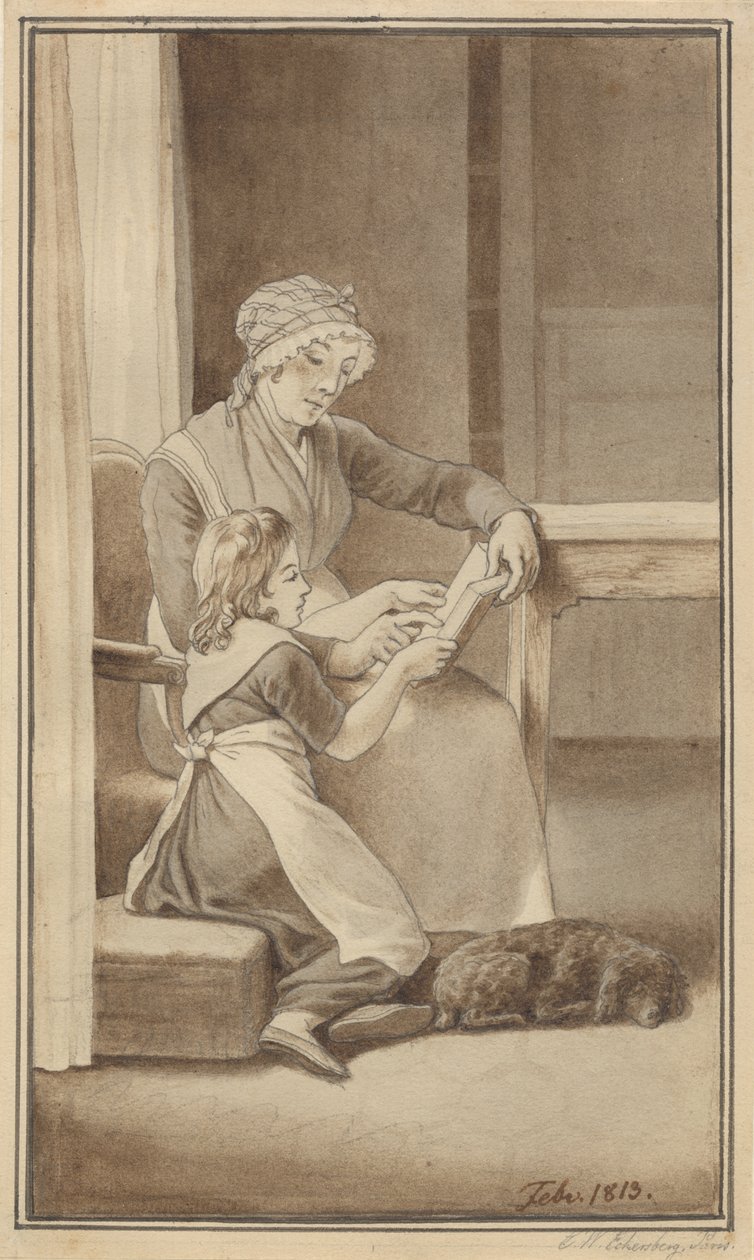 Äiti opettaa pikkutyttöään lukemaan tekijältä Christoffer Wilhelm Eckersberg