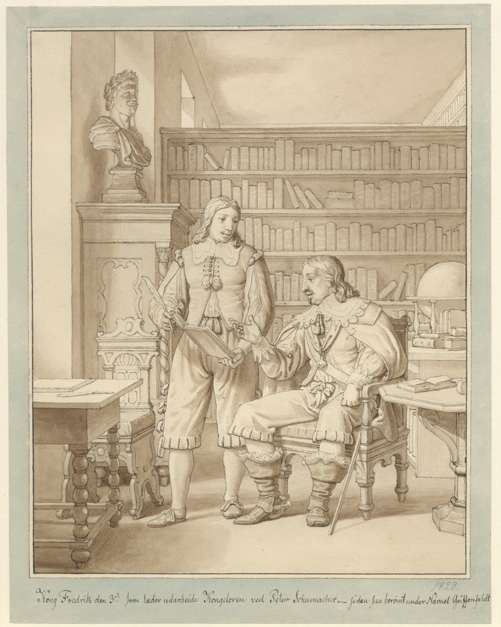 Frederik III:lla on Peder Schumacherin laatima kuninkaallinen laki. tekijältä Christoffer Wilhelm Eckersberg