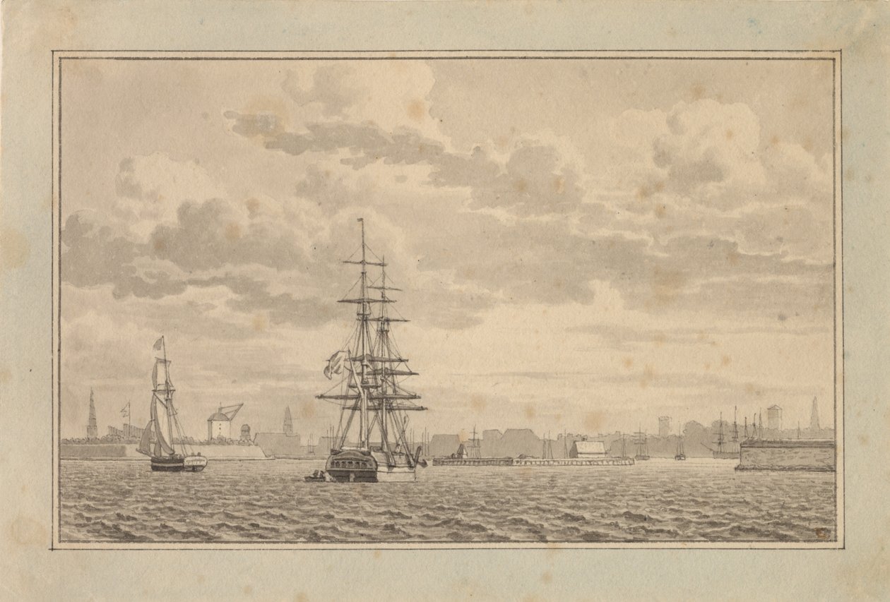 Kööpenhamina Yderhavnenista katsottuna prikillä ankkurissa ja purjehdusluukalla. tekijältä Christoffer Wilhelm Eckersberg