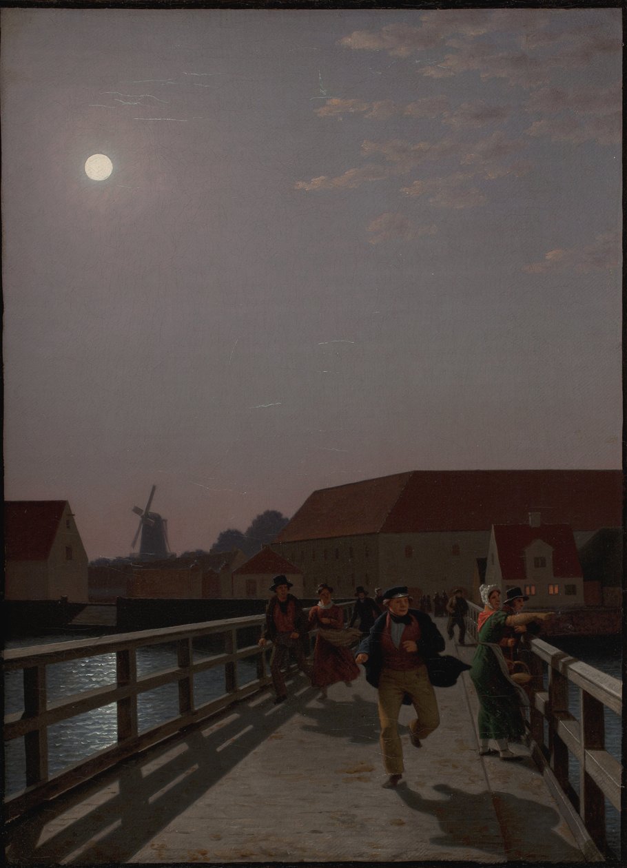 Langebro, Kööpenhamina, kuunvalossa juoksevien hahmojen kanssa tekijältä Christoffer Wilhelm Eckersberg