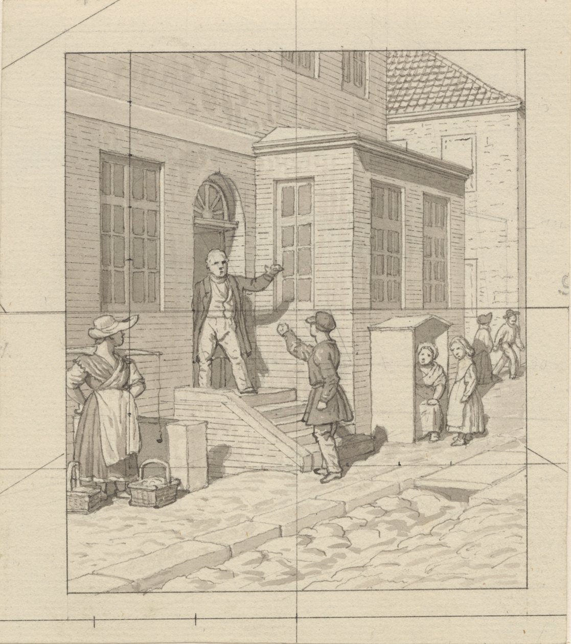 Lineaarinen perspektiivi, sovellettu maalaustaiteeseen - Levy VII, 2 - Argumentti kadun portailla. tekijältä Christoffer Wilhelm Eckersberg