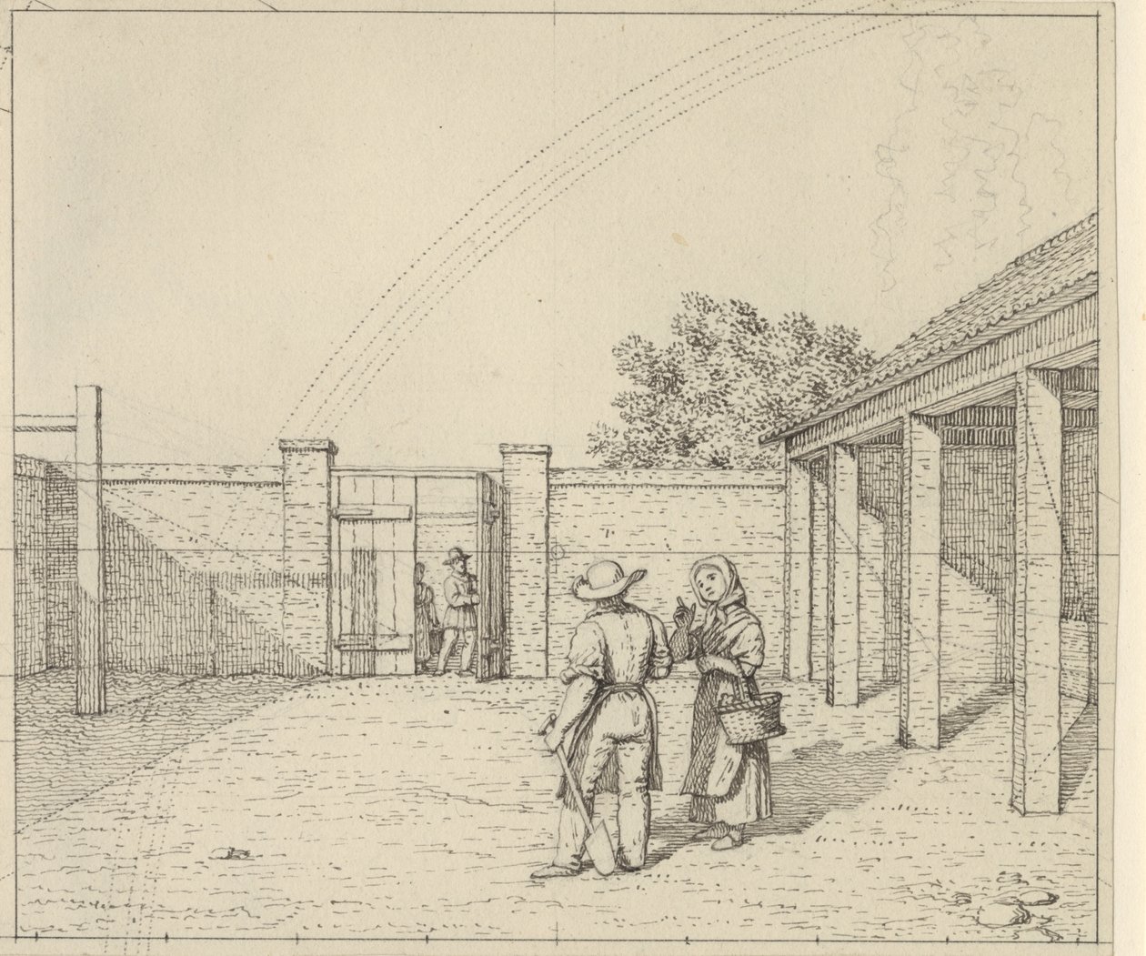 Lineaarinen perspektiivi sovellettu maalaustaiteen - Luonnos käyttämättömälle versiolle levystä V,2 - Sateenkaari pihan yllä. tekijältä Christoffer Wilhelm Eckersberg