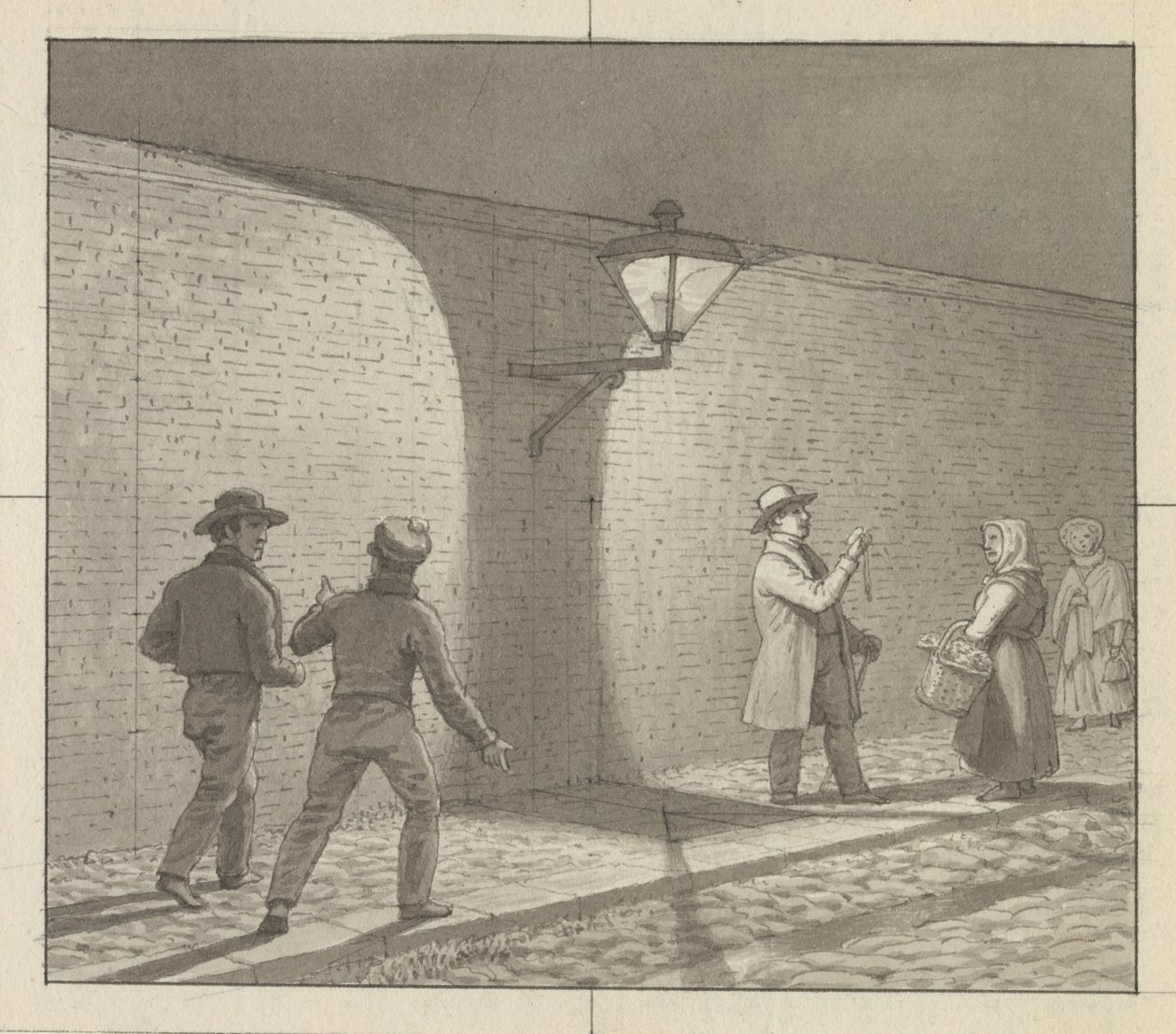 Maalaustaiteeseen sovellettu lineaarinen perspektiivi, levy VIII, kuva 1 - Yöliikenne katuvalon alla. tekijältä Christoffer Wilhelm Eckersberg
