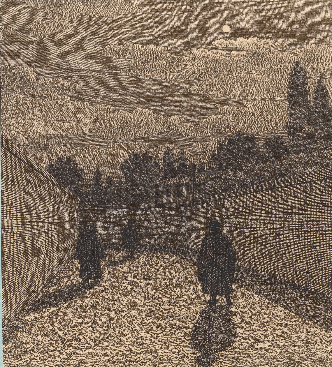 Kuunvalo tien yli, jossa on kolme hahmoa. Kuva "Lineaarinen perspektiivi", levy IV tekijältä Christoffer Wilhelm Eckersberg