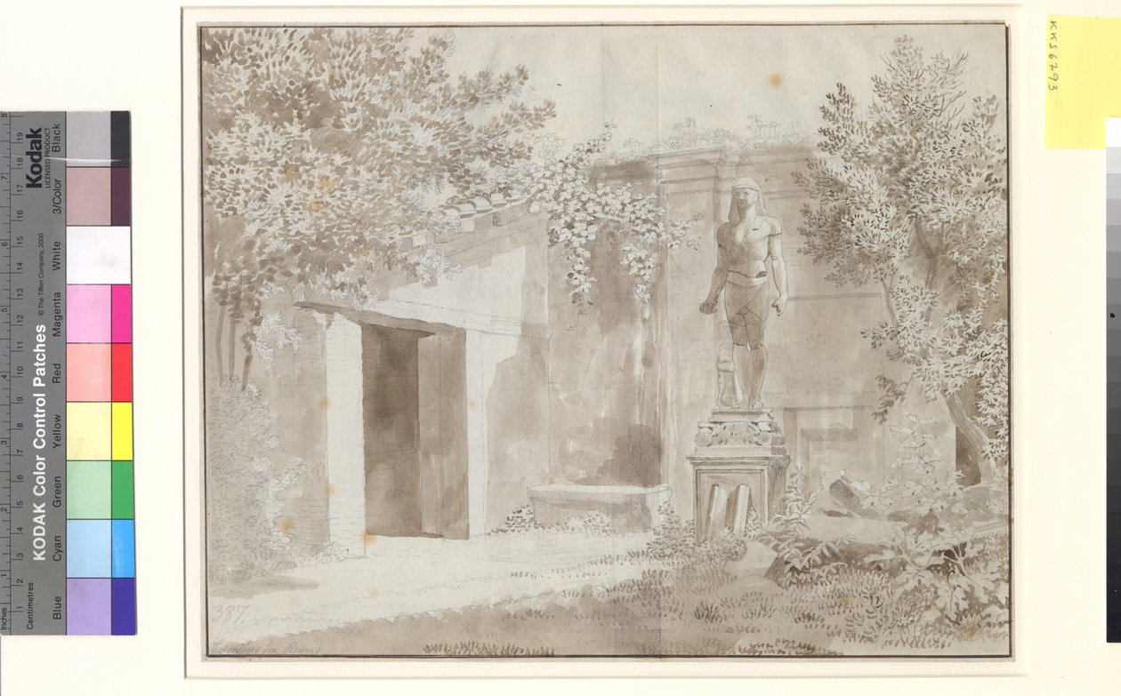 Tontti oletettavasti Palazzo Barberinin puutarhasta, jossa on egyptiläistyylinen Antinous-patsas, Rooma tekijältä Christoffer Wilhelm Eckersberg
