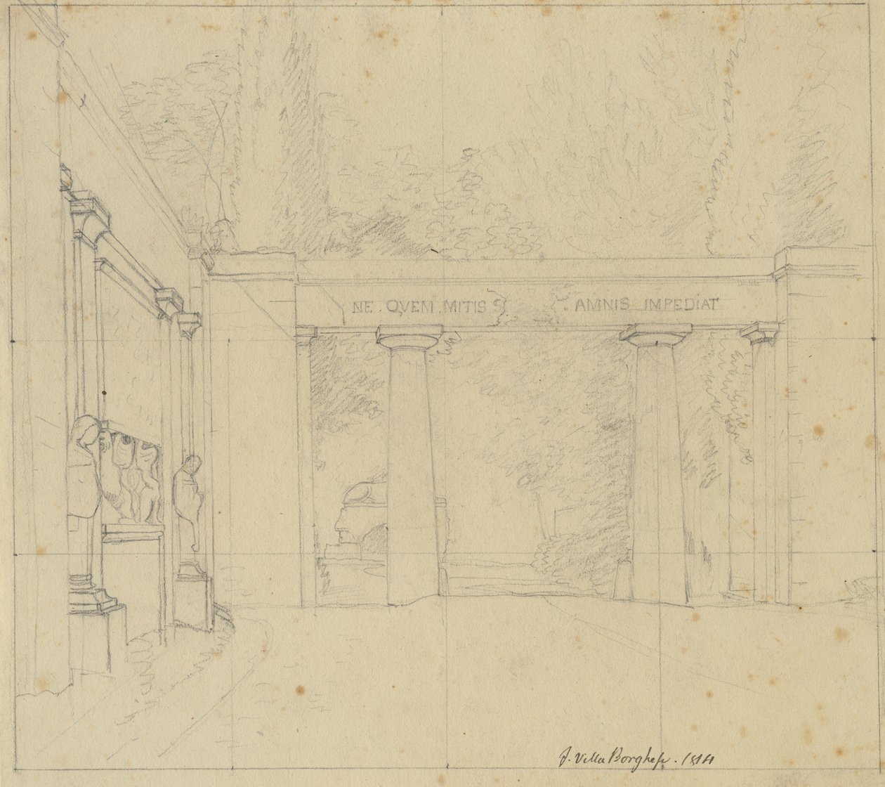 Osa Villa Borghesen puutarhaa Porta Ægizianan kanssa Roomassa. tekijältä Christoffer Wilhelm Eckersberg