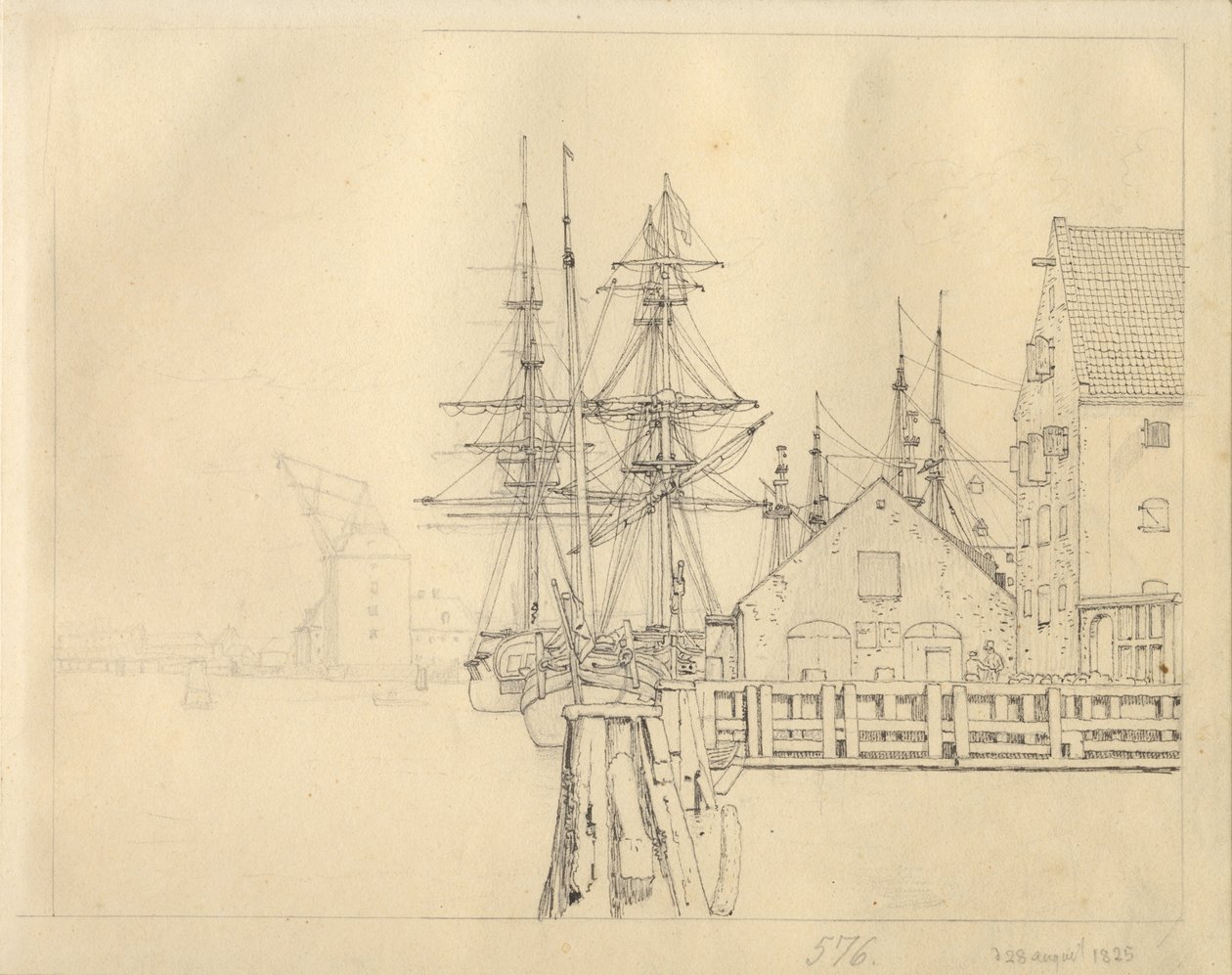Tontti yhdeltä Christianshavnin telakalta, taustalla Mastekran. tekijältä Christoffer Wilhelm Eckersberg