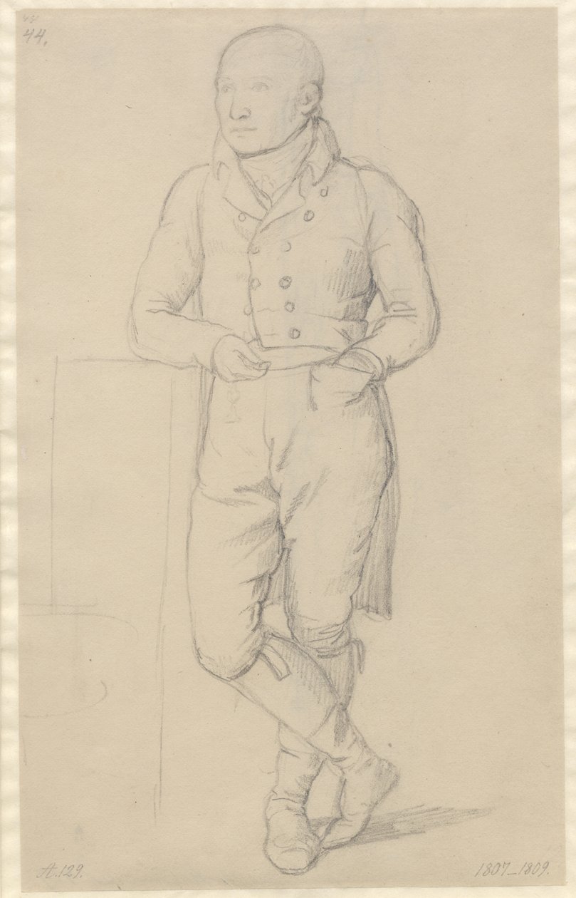 Muotokuva seisovasta miehestä, jalat ristissä, nojaten sohvaa vasten tekijältä Christoffer Wilhelm Eckersberg