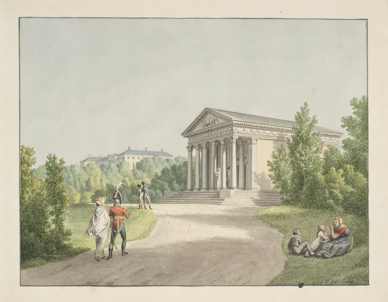 Näkymä Frederiksbergin puutarhasta linnan ja Apisin temppelin luona tekijältä Christoffer Wilhelm Eckersberg