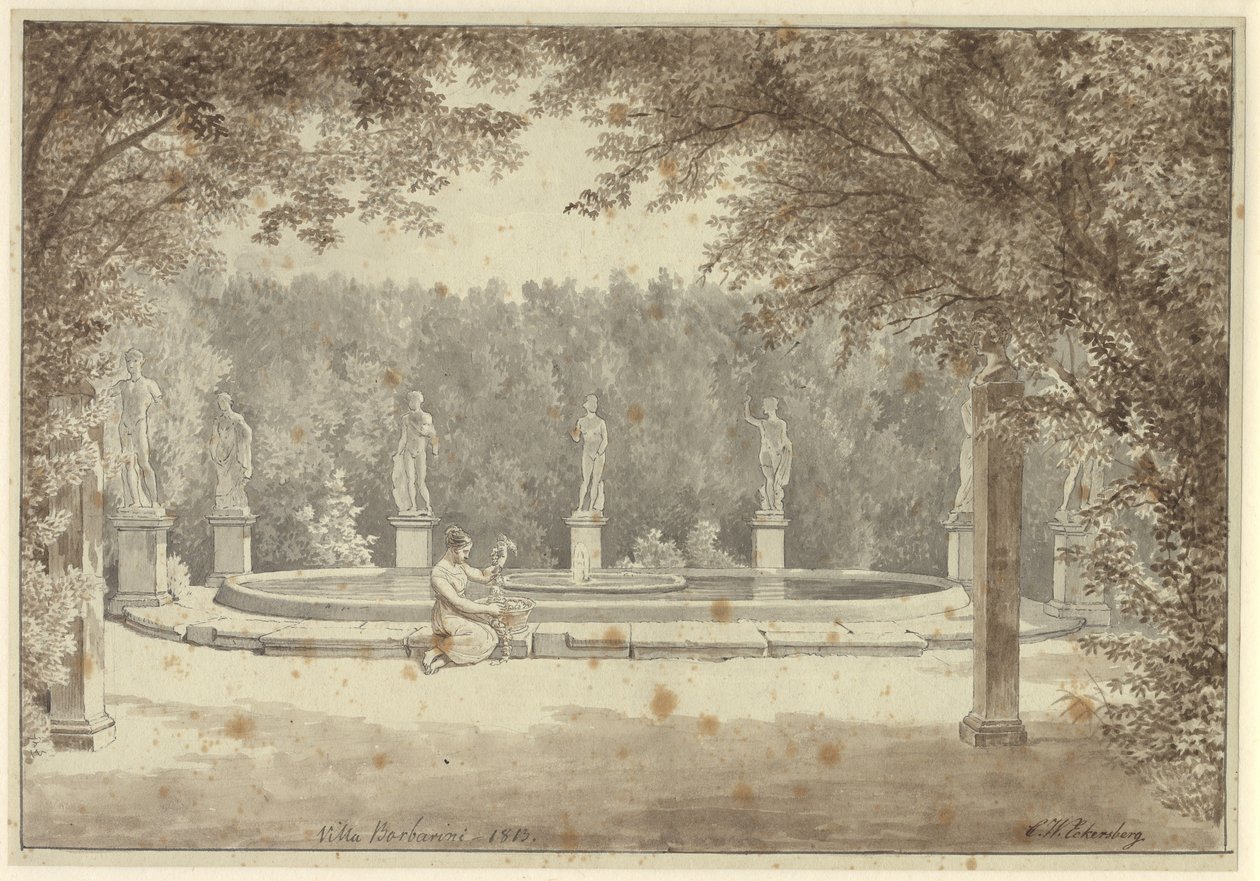 Suihkulähde Palazzo Barberinin puutarhassa Roomassa tekijältä Christoffer Wilhelm Eckersberg