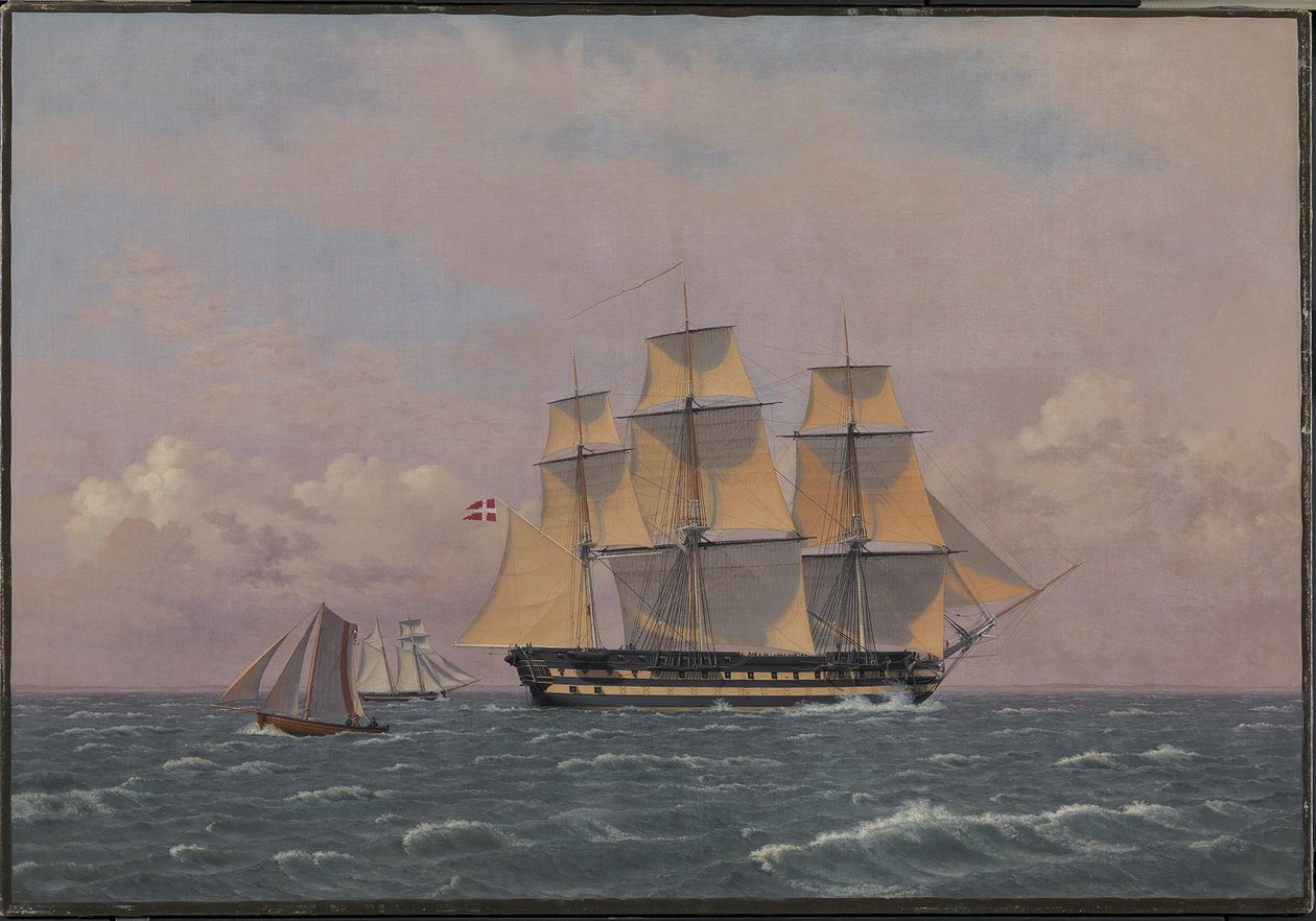 84-tykkinen tanskalainen sotalaiva "Dronning Marie" Soundissa tekijältä Christoffer Wilhelm Eckersberg