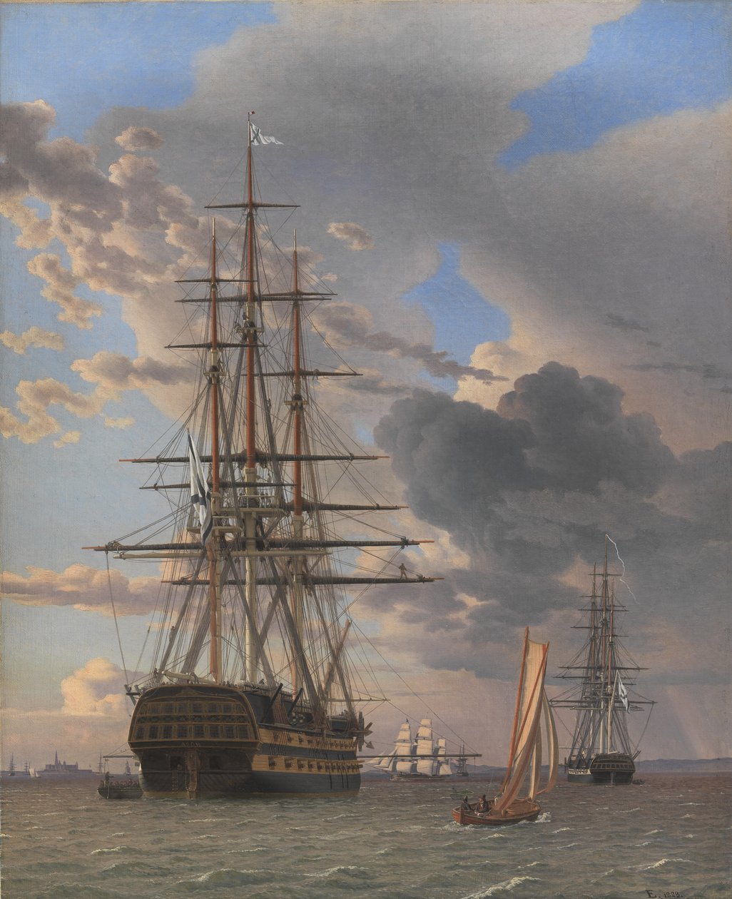Venäjän linja-alus "Asow" ja fregatti ankkurissa lähellä Elsinorea tekijältä Christoffer Wilhelm Eckersberg