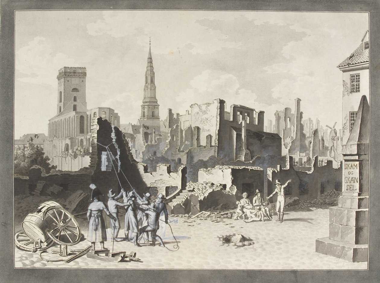 Ulfeldtin aukio, jota nykyään kutsutaan nimellä Gråbrødertorv, brittiläisen pommituksen jälkeen syyskuussa 1807 tekijältä Christoffer Wilhelm Eckersberg