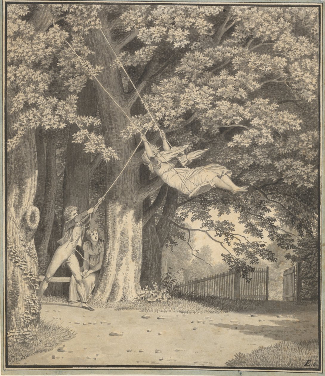 Skjoldnæsholmin metsät nuoren miehen kanssa, joka heilauttaa nuorta tyttöä tekijältä Christoffer Wilhelm Eckersberg