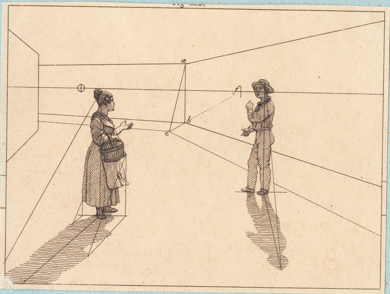 Dues figures en una construcció geomètrica. Il·lustració per a "Perspectiva lineal", Làmina IV finès tekijältä Christoffer Wilhelm Eckersberg