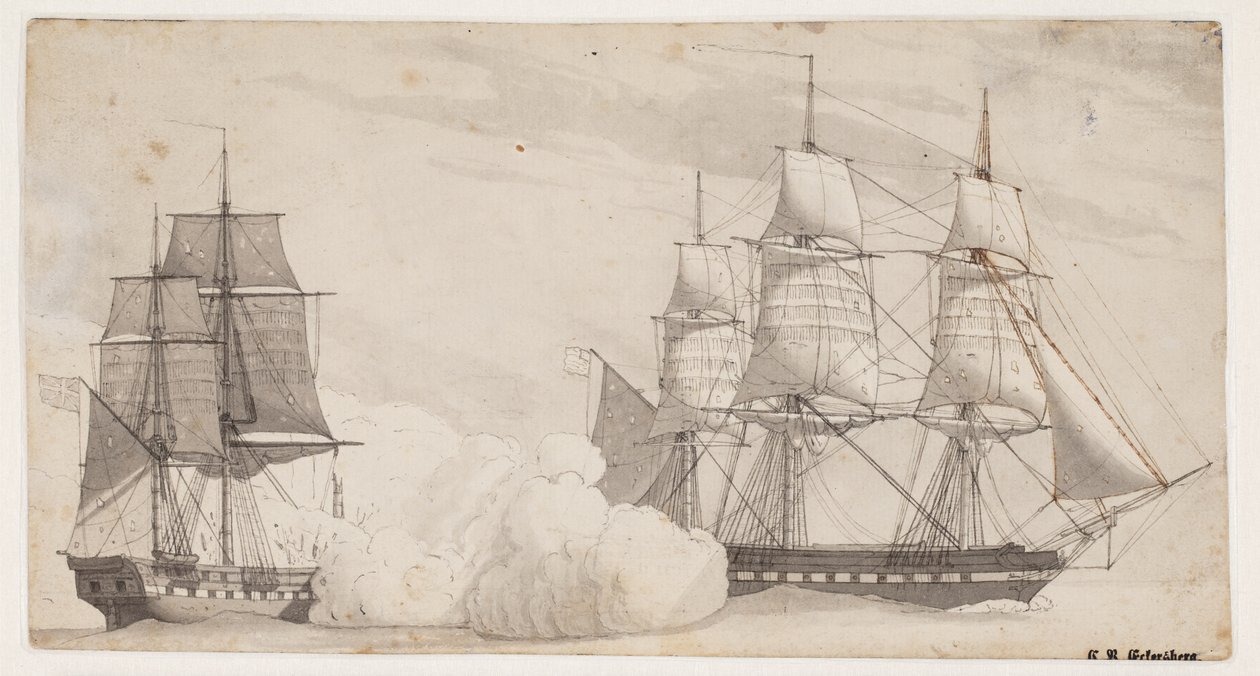 Kaksi sotalaivaa taistelussa (englannin fregatti Shannon ja amerikkalainen fregatti Chesapeak?) tekijältä Christoffer Wilhelm Eckersberg