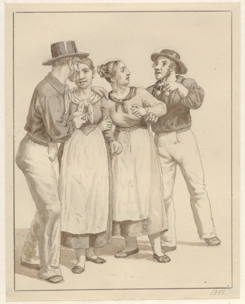 Kaksi merimiestä hoitaa paria tyttöä. tekijältä Christoffer Wilhelm Eckersberg