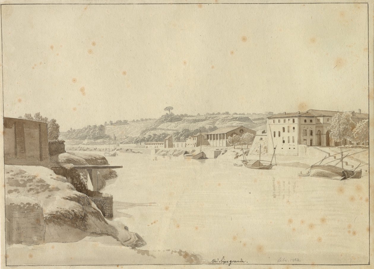 Näkymä Tiberistä kohti Porto di Ripa Grandea ja Porta Portesea Rooman Monte Aventinon alapuolelta katsottuna. tekijältä Christoffer Wilhelm Eckersberg