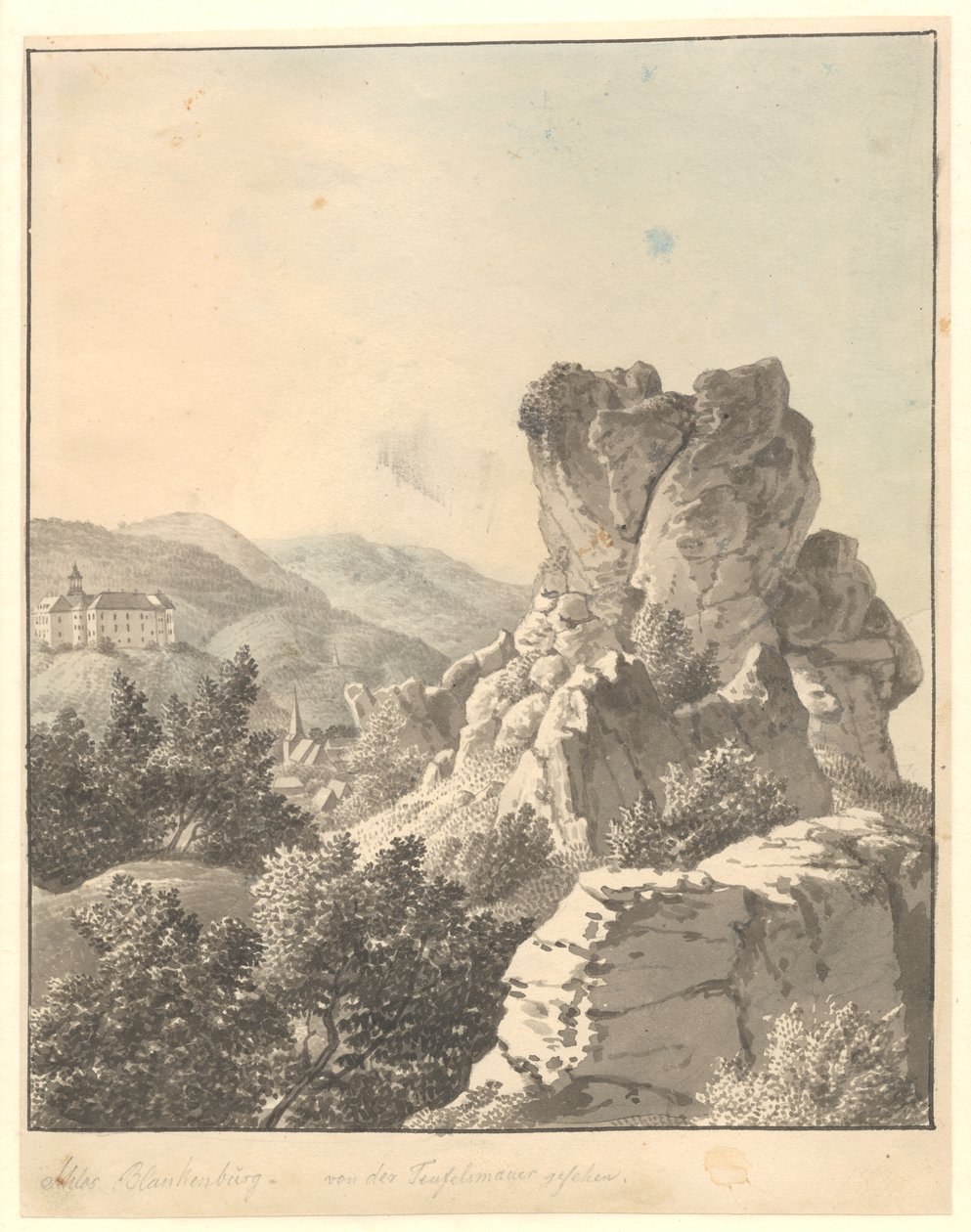 Näkymä Harzenista, Teufelsmauerista, taustalla Blankenburgin linna tekijältä Christoffer Wilhelm Eckersberg